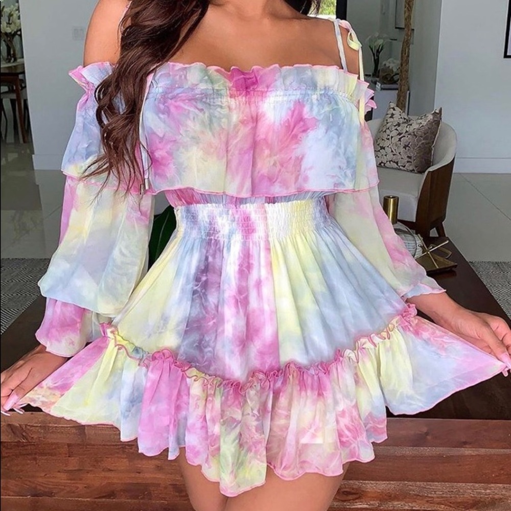 Easter,spring Multi color ruffles rainbow dress